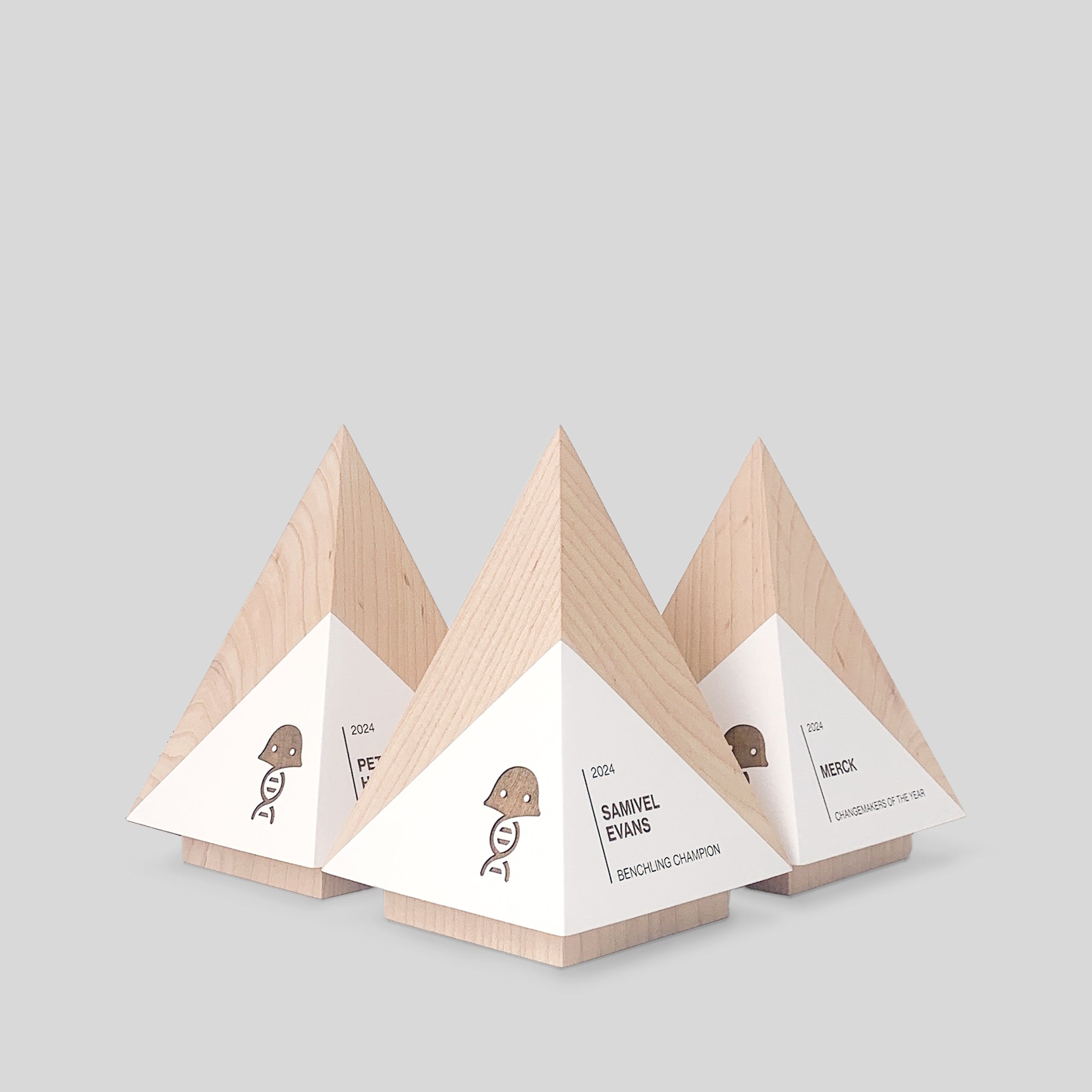 Geometria Award Pyramis: group of triangular wooden trophies. Features minimalist, solid wood design, showcasing geometric inspiration and expert craftsmanship for recognition.