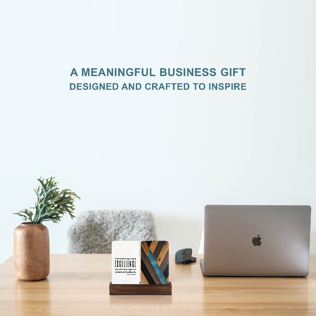 Inspirational Desk Card Collection on a table with a laptop and houseplant, featuring art and quotes with a wood stand for home offices.