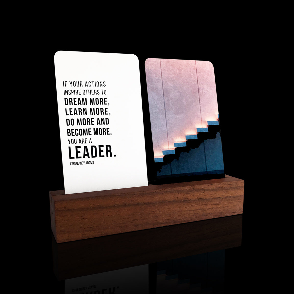Inspirational Desk Card Collection featuring a card holder with art and quotes, complemented by an artisan-crafted wood stand for elegant office decor.