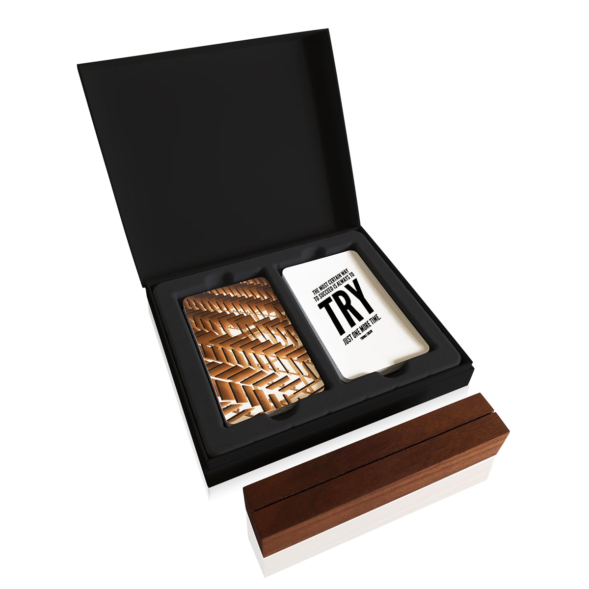 Inspirational Desk Card Collection displayed in a black box with a card, including an artisan-crafted wood stand, designed for remote team gifting and virtual meetings.