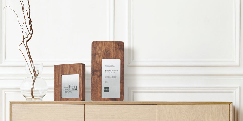 Unique, personalized, custom wooden plaques for elegant, modern, and meaningful corporate recognition. Architect-designed and artisan-crafted in the USA.