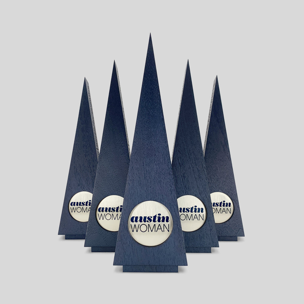 Gracilia Circle Award: Tall triangular wood trophies with round recessed metal nameplate, showcasing luxury design for customizable, high-fashion-inspired employee recognition, sales awards, and client appreciation.