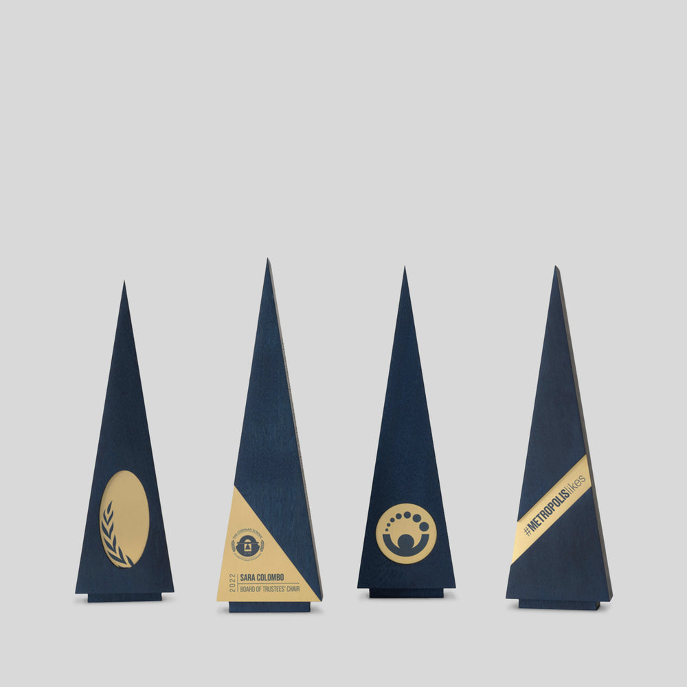Gracilia Award Collection: Features tall triangular trophies with multiple nameplate shapes, inspired by high fashion, customizable wood trophy design for personalized corporate recognition for client appreciation and President&#39;s Club trophies.