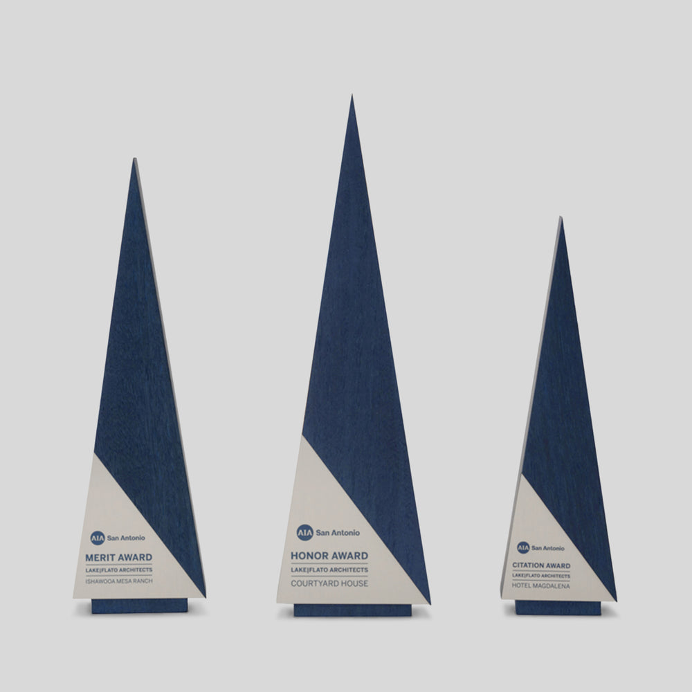 Gracilia A-Line Award: Triangular-shaped luxury trophy, symbolizing elegance and customization, perfect for corporate recognition and personalized accolades. Available in three sizes and multiple wood types. 