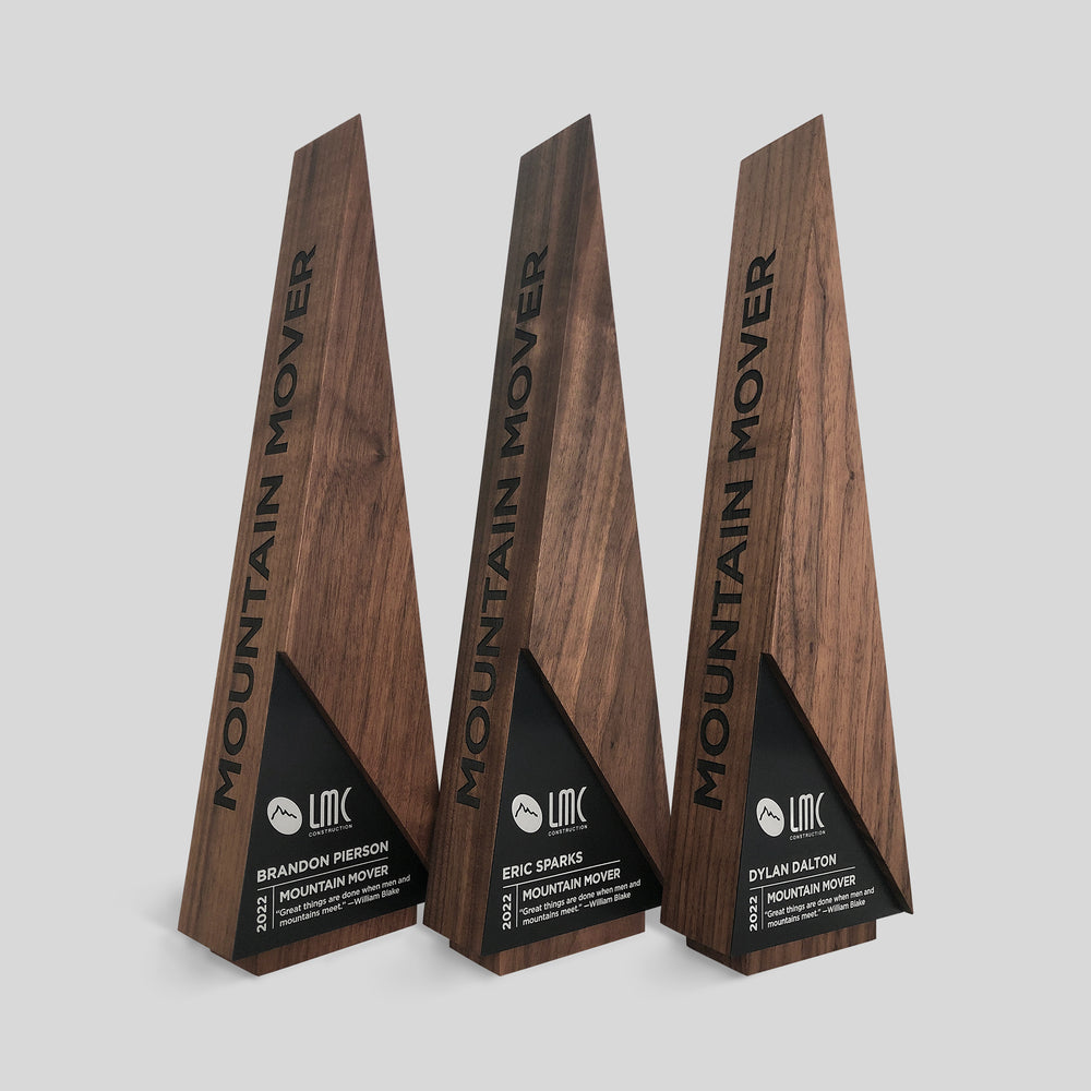 Gracilia A-Line Award: Customizable wooden trophies with black engraved nameplates, showcasing timeless design and excellent craftsmanship for meaningful personalized employee and client recognition.