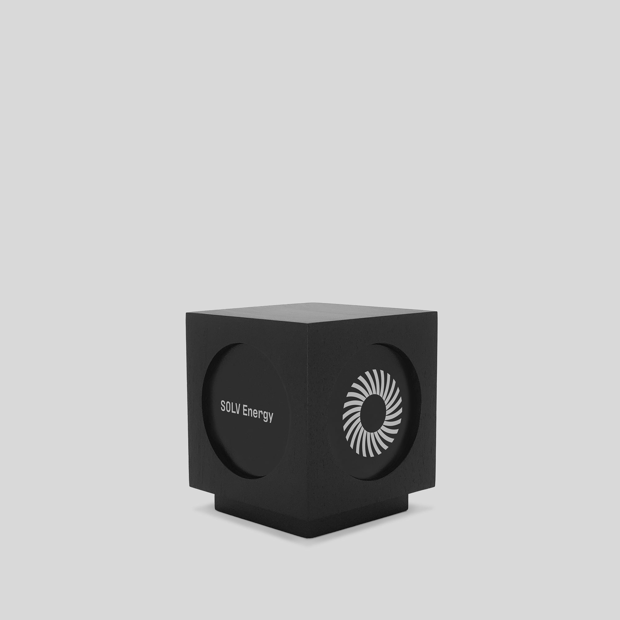 Cube Award, a minimalist black cube trophy with a circular design, crafted from solid walnut or maple, ideal for corporate recognition and executive gifts.