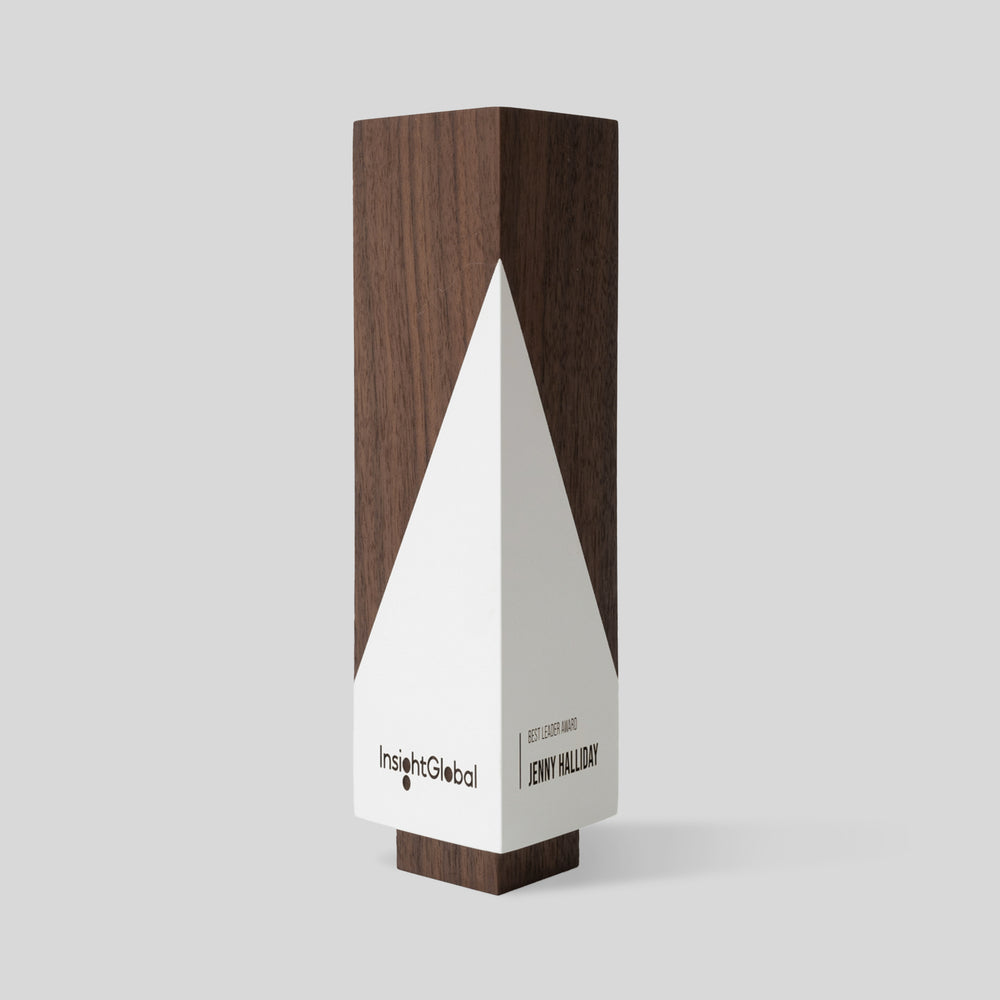 Geometria Award Triangulus, a wooden box with a triangle design, showcases precision and artisan craftsmanship, emphasizing clarity and balance in a sleek, modern aesthetic.