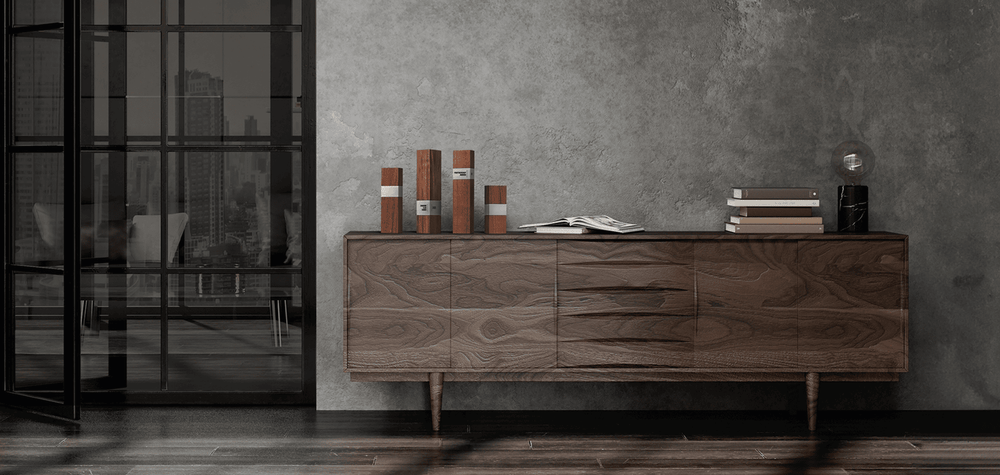 A modern corporate interior with a sleek wooden sideboard, featuring elegant executive awards crafted from wood and metal. A refined setting for sophisticated recognition.