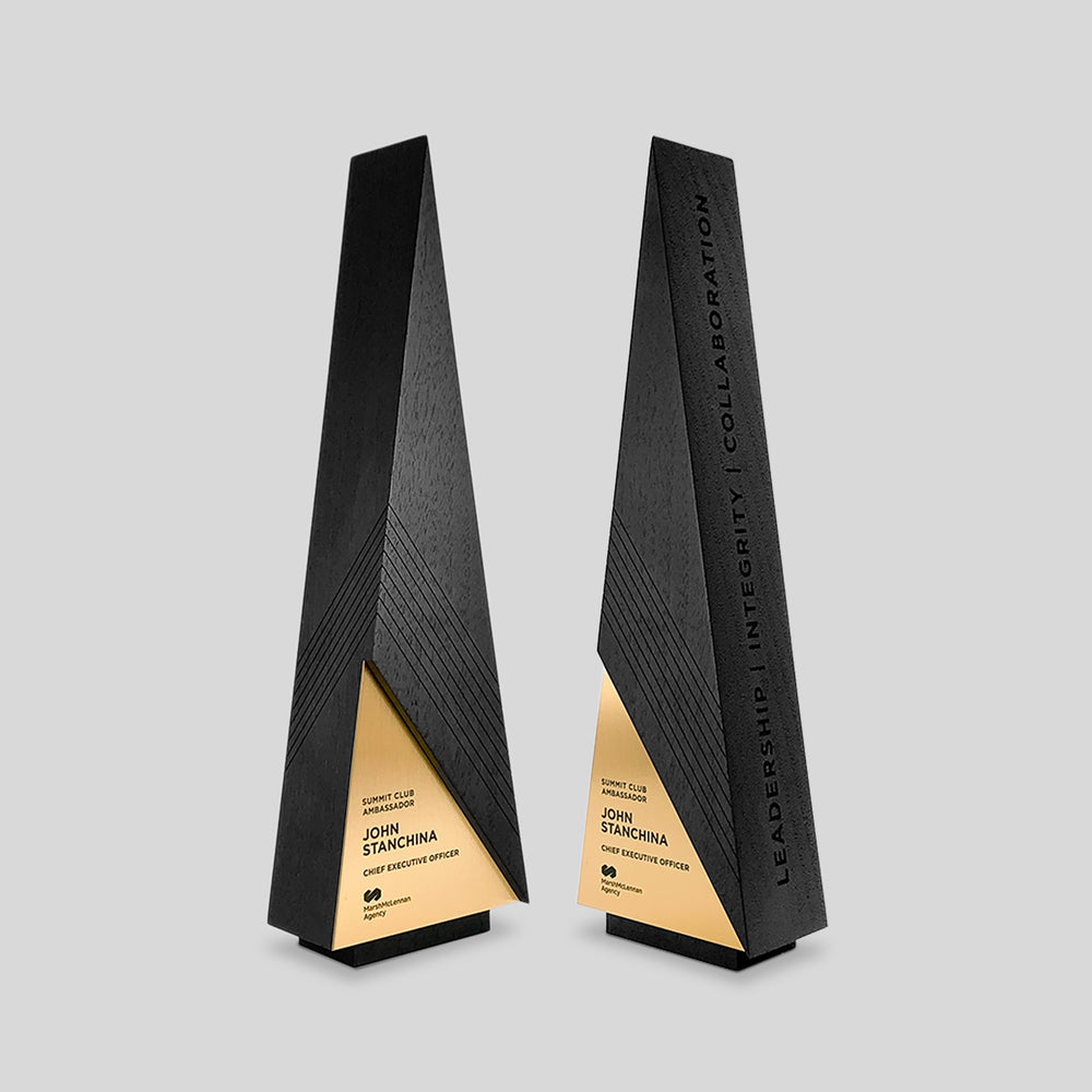 Executive Awards Gracilia A-Line with custom engraving and personalization in wood and metal. 