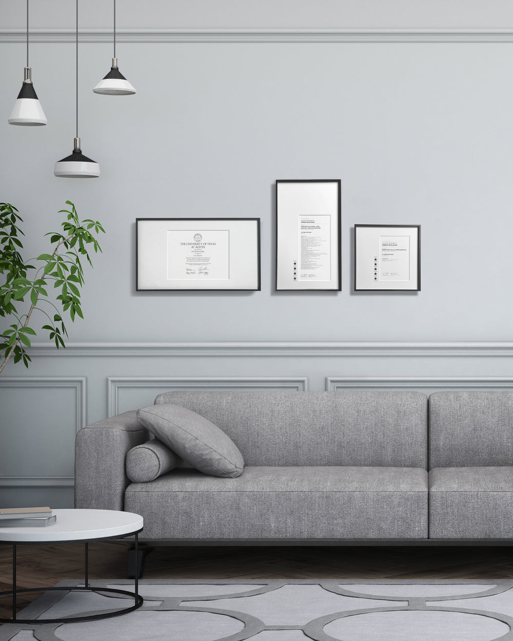 Black frame with a certificate, displayed on the wall above a grey couch, next to a plant and coffee table.