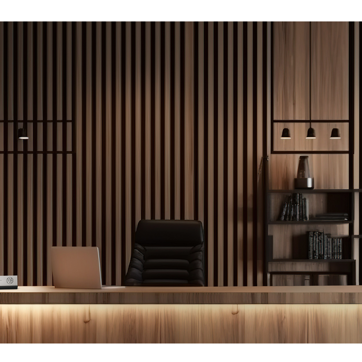 A unique modern executive recognition award sits on a wooden desk in a sophisticated wood paneled office with two chairs and a plant. 