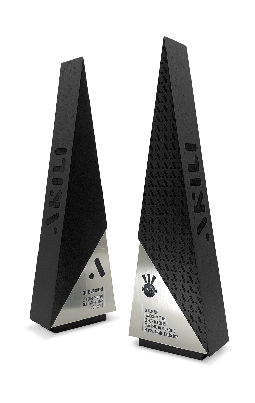 Striking black executive awards with modern geometric design. Crafted from premium wood with engraved branding and metal accents for a bold, sophisticated recognition.