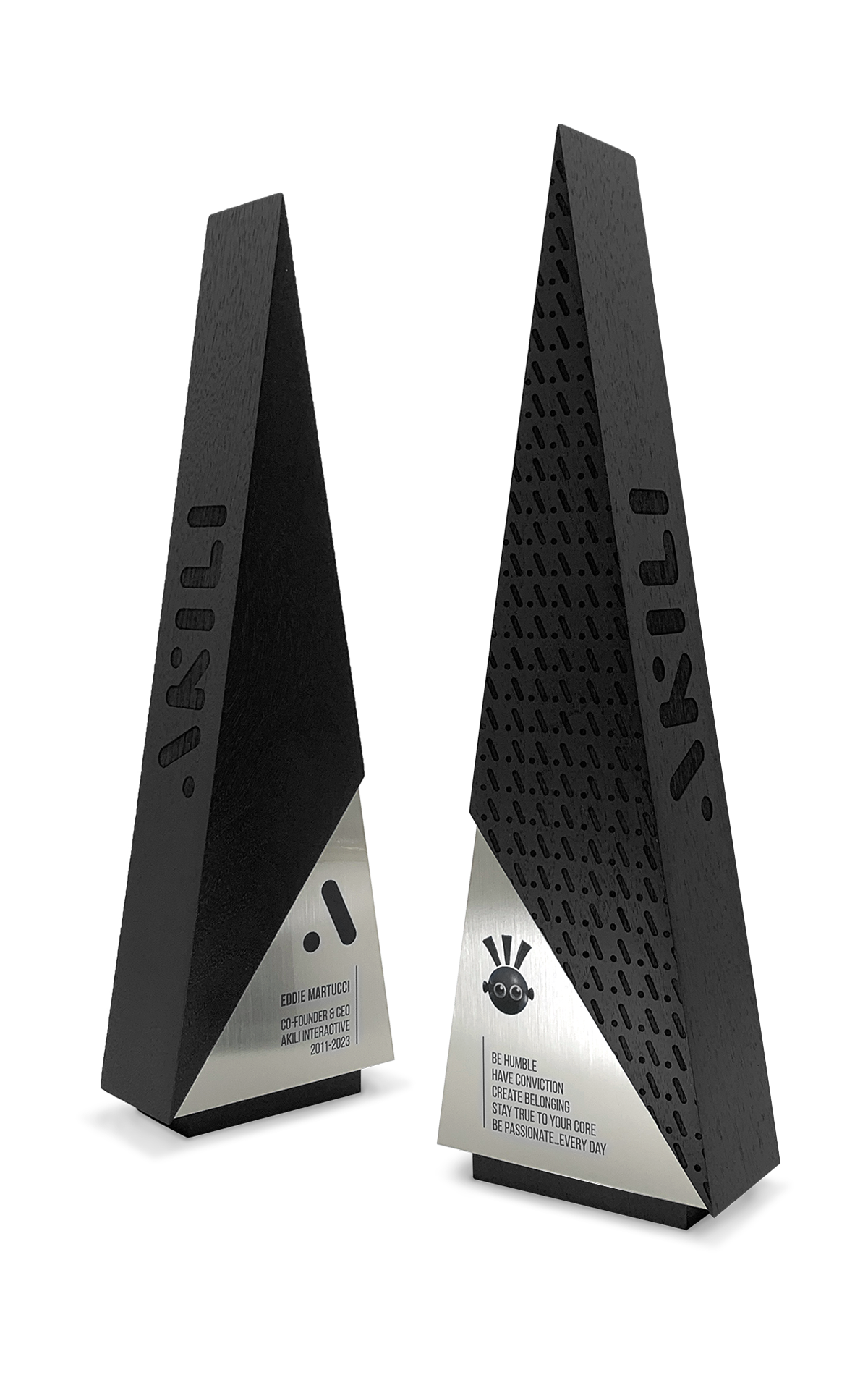 Striking black executive awards with modern geometric design. Crafted from premium wood with engraved branding and metal accents for a bold, sophisticated recognition.