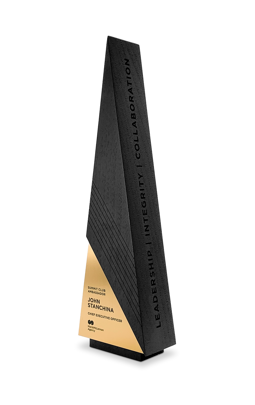 A striking black executive award with engraved leadership values. Featuring a sleek geometric design, gold metal accent, and precision craftsmanship. Engraved and personalized.