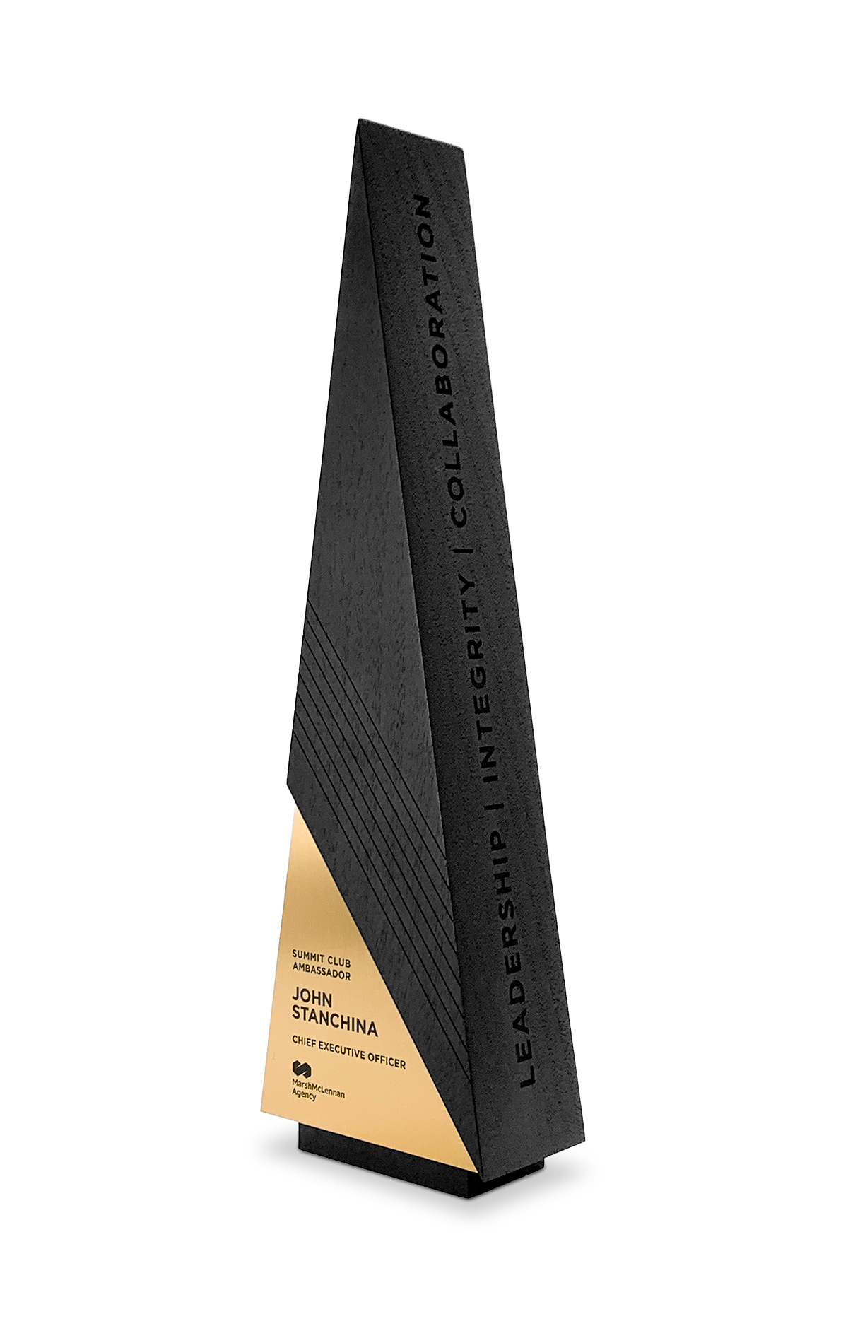 A striking black executive award with engraved leadership values. Featuring a sleek geometric design, gold metal accent, and precision craftsmanship. Engraved and personalized.