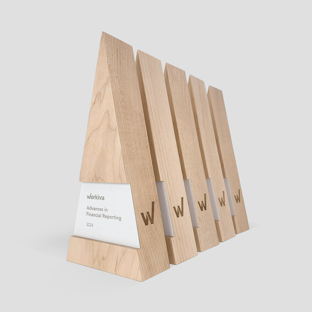 Figura Trigonum Award: Wooden trophies with engraved white metal nameplates, showcasing fine woodworking quality. Excellent award for team recognition and work trophies. 
