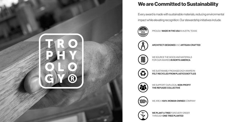 Trophyology artisan hand-finishing sustainably sourced North American walnut as part of the company’s commitment to environmental stewardship in award craftsmanship.