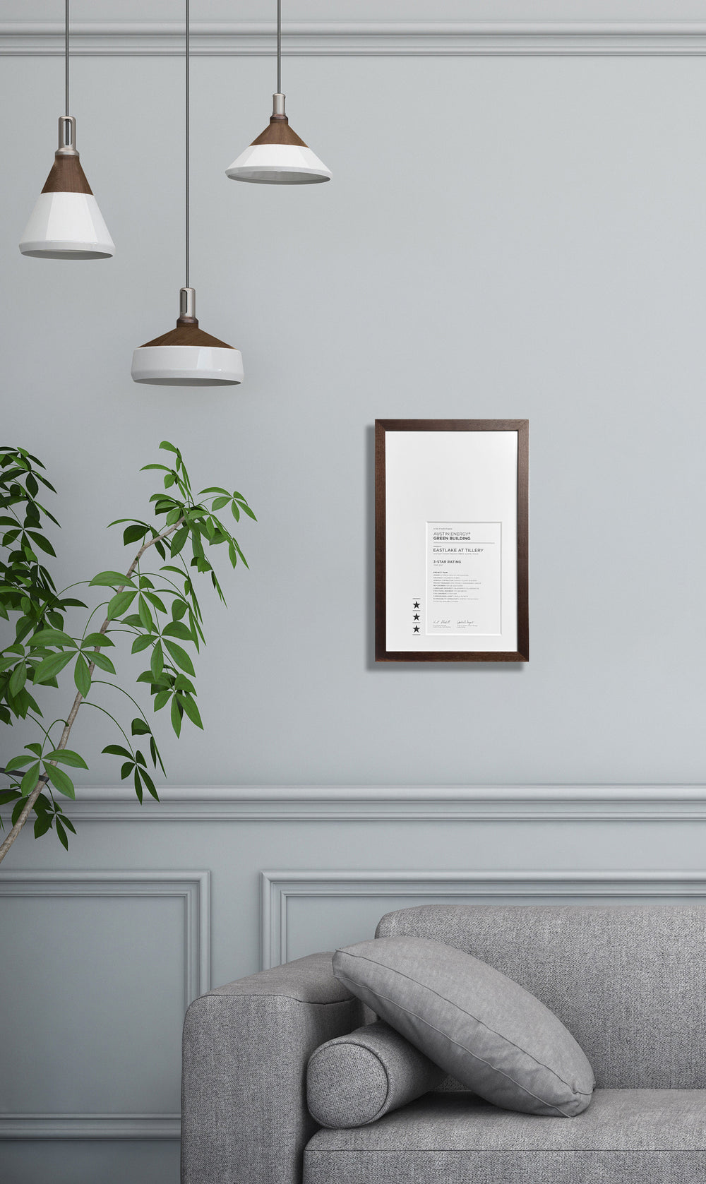 Walnut frame displaying a custom recognition certificate on a wall. Personalized and laser-engraved customization. 