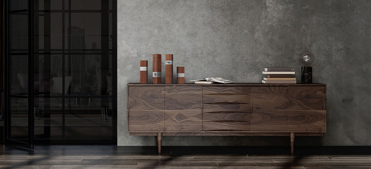 A modern corporate interior with a wooden sideboard, featuring elegant executive awards crafted from wood and metal. A refined setting for sophisticated recognition.