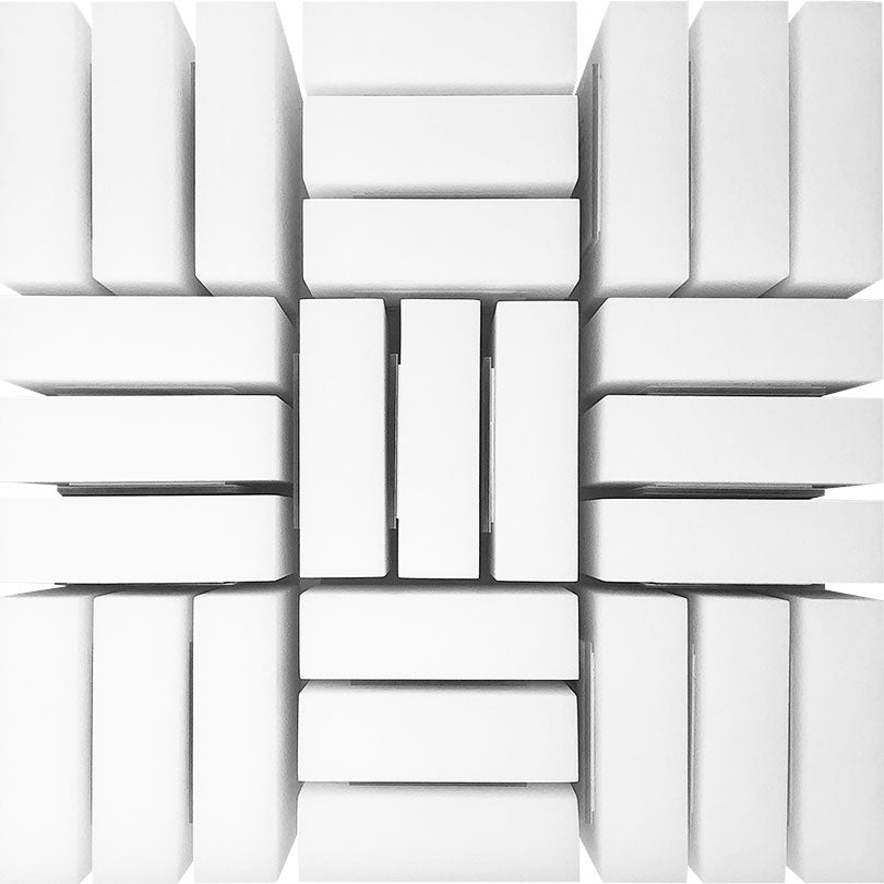 Modern acrylic award parts arranged in a geometric pattern by trophyology
