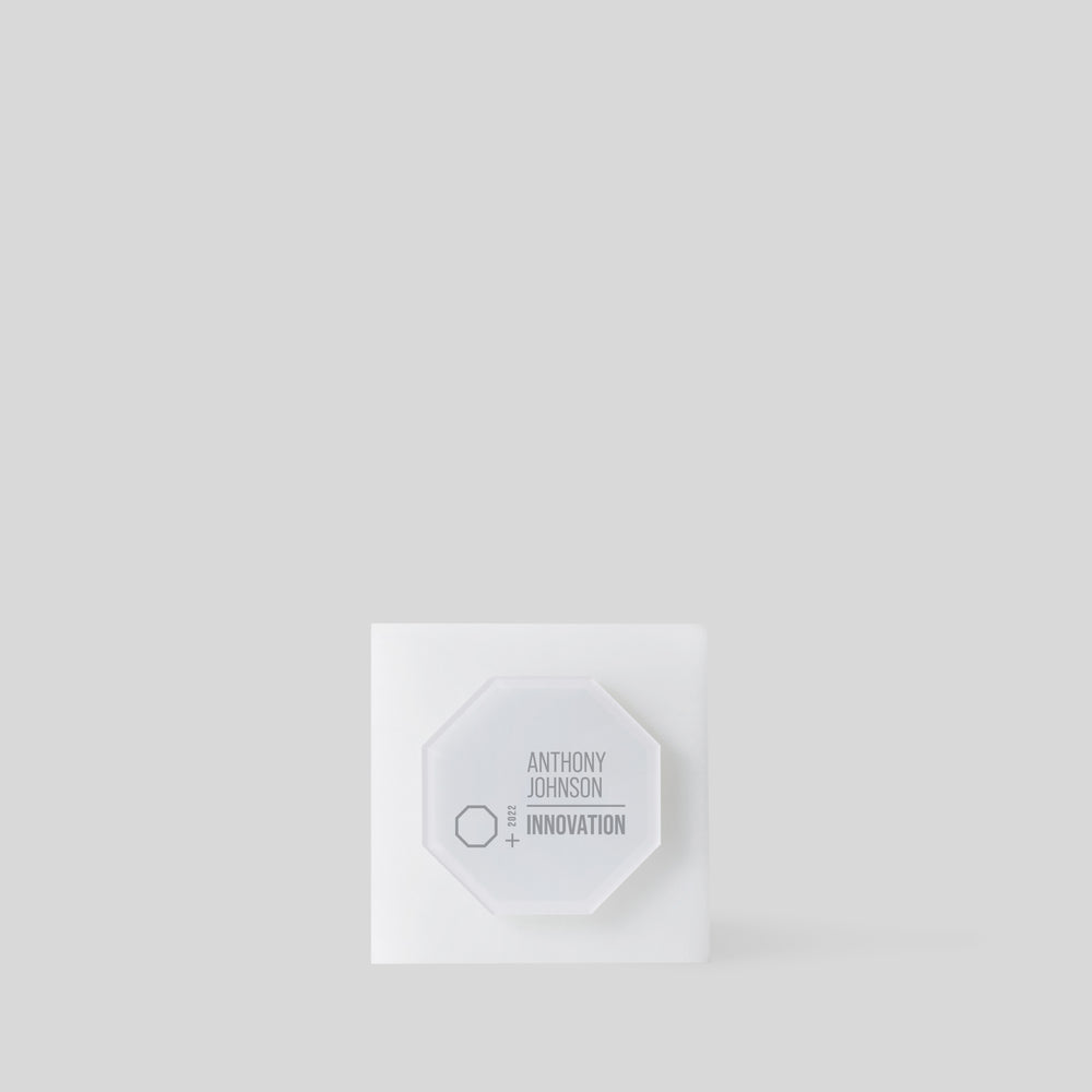 Modern Glacio Award Octagon features a geometric octagonal plate on a square acrylic base, symbolizing transformation and balance, ideal for celebrating significant achievements. Made in the USA.