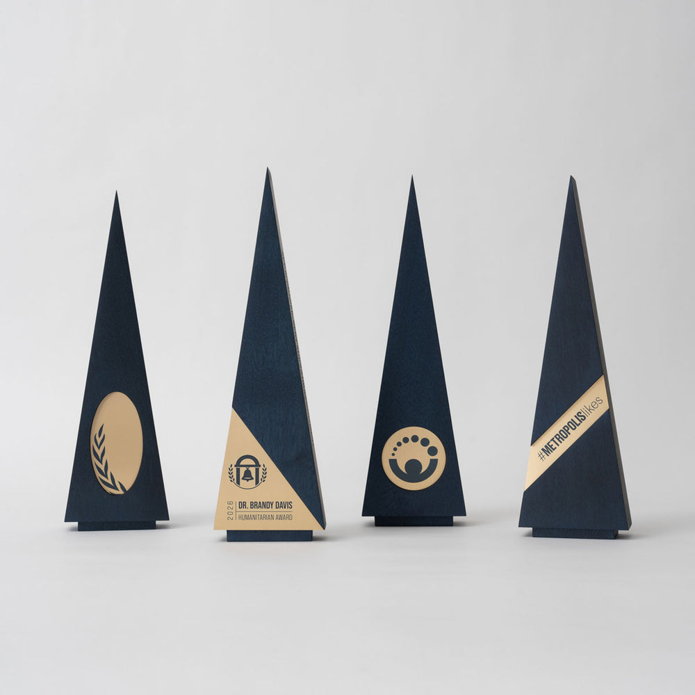 Group of four triangle awards in stained wood with brushed metal nameplates and engraving