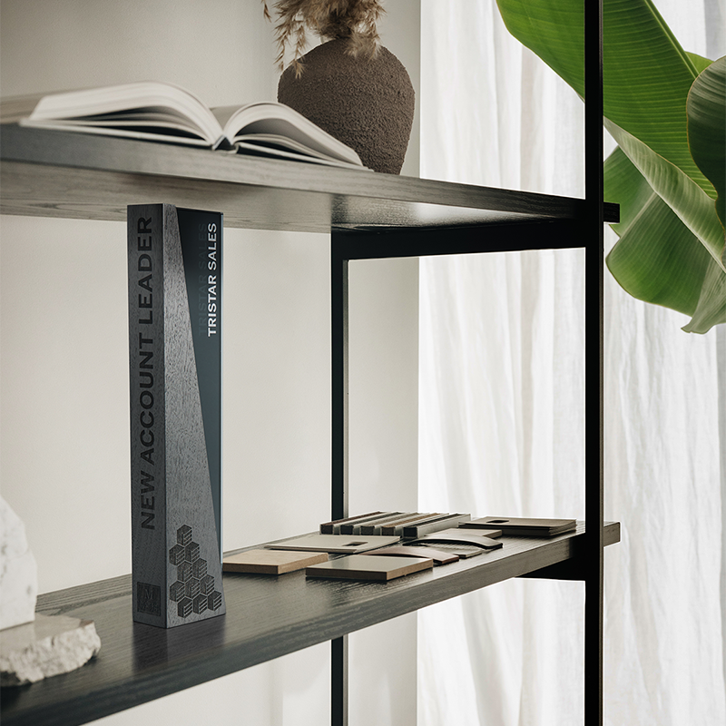 Bookshelf with book and a unique corporate trophy on a shelf that is laser-engraved, with a plant in the background.