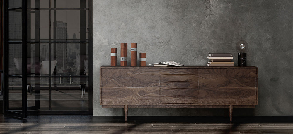 A modern corporate interior with a wooden sideboard, featuring elegant executive awards crafted from wood and metal. A refined setting for sophisticated recognition.