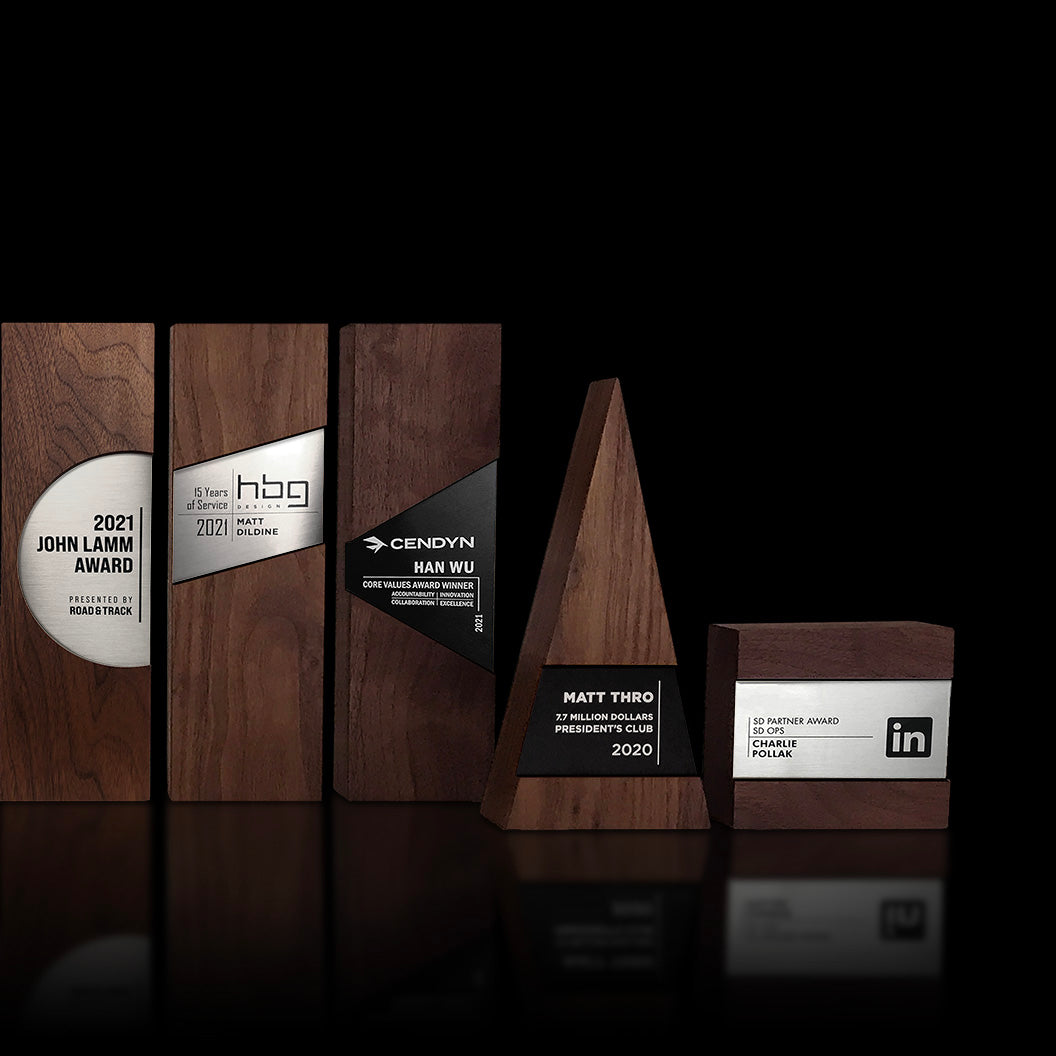 Walnut and Aluminum Wall Trio Suite of Plaque Awards by Trophyology