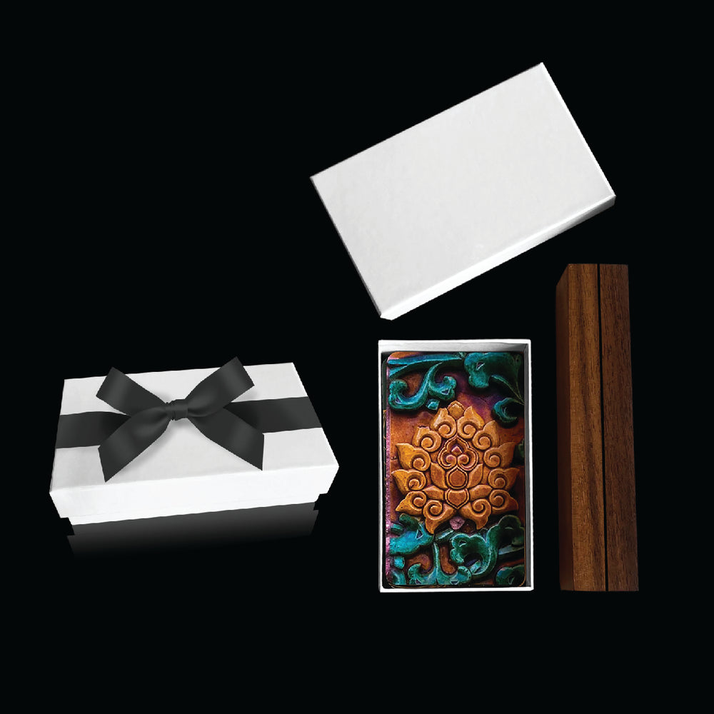 Inspirational Desk Card Collection in a white box with a black ribbon, featuring curated art and quotes, includes an artisan-crafted wood stand.