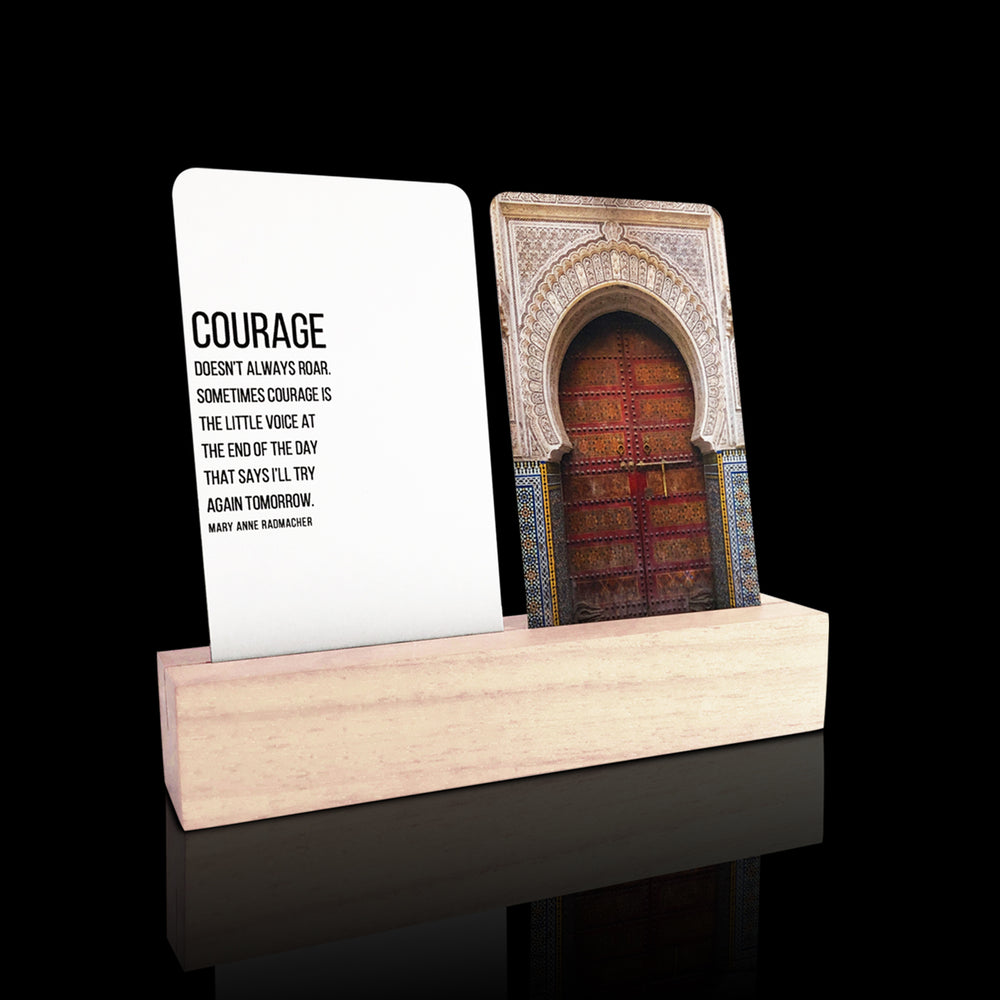 Inspirational Desk Card Collection with a card holder featuring a door image, paired with art and quotes, on an artisan-crafted wood stand.