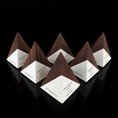 Geometric Patterned Walnut Wood and Paint Custom Engraving Pyramid Awards for Health I.Q.