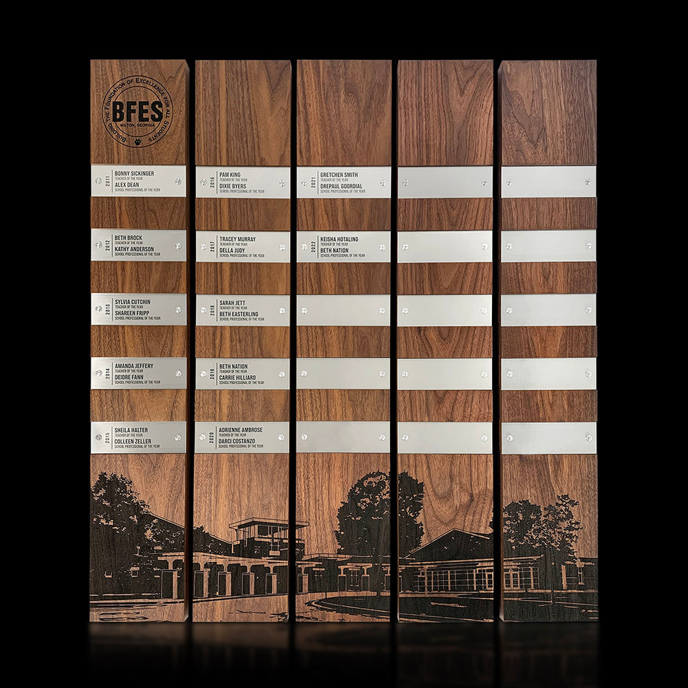 Perpetual Plaques | Walnut: A wooden plaque installation with multiple wood modules, featuring silver metal nameplates and wood image engraving, with custom branding and personalization for honorees. 