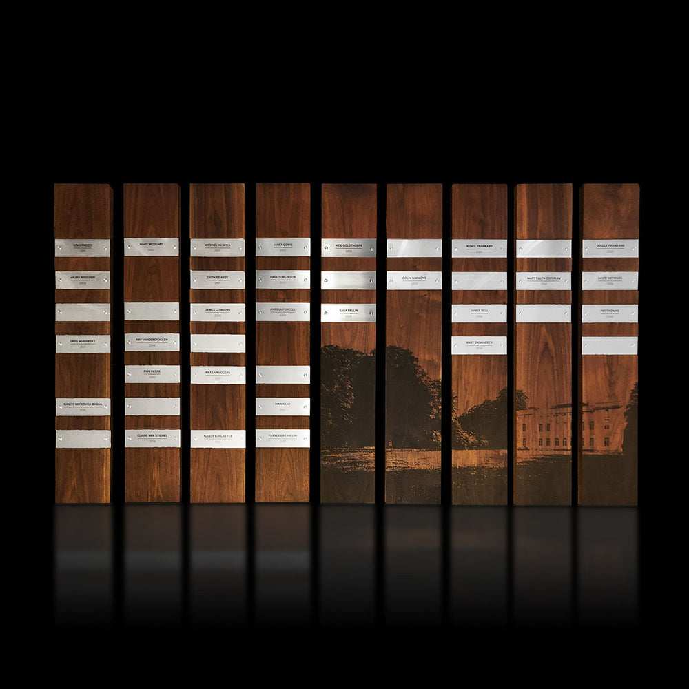 Perpetual Plaques: a series of wooden plaque modules with engraved metal nameplates, showcasing elegant design with photo wood engraving, for annual teacher of the year recognition.