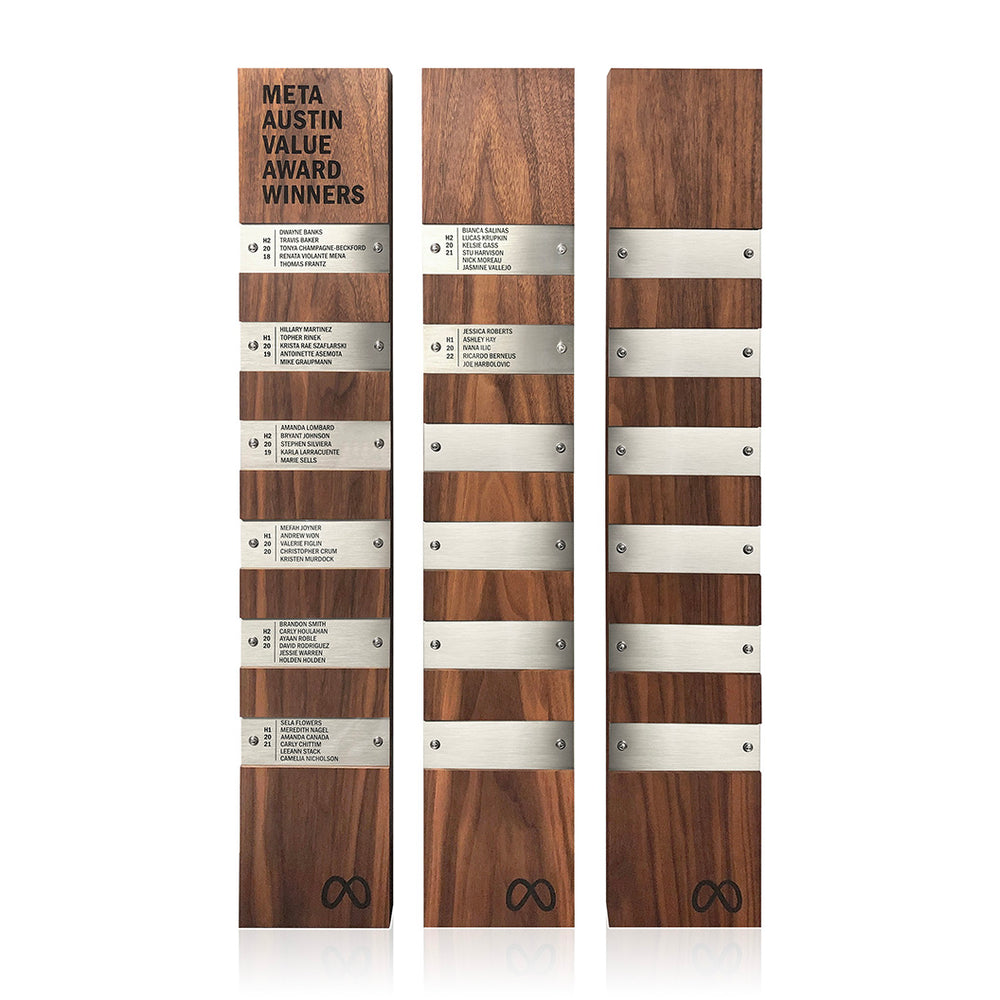 Perpetual Plaques | Walnut: A group of wooden award plaques featuring solid walnut modules with metal nameplates, designed for modern, elegant display in building lobby, custom logo engraving and personalized engraving for honorees, value award. 